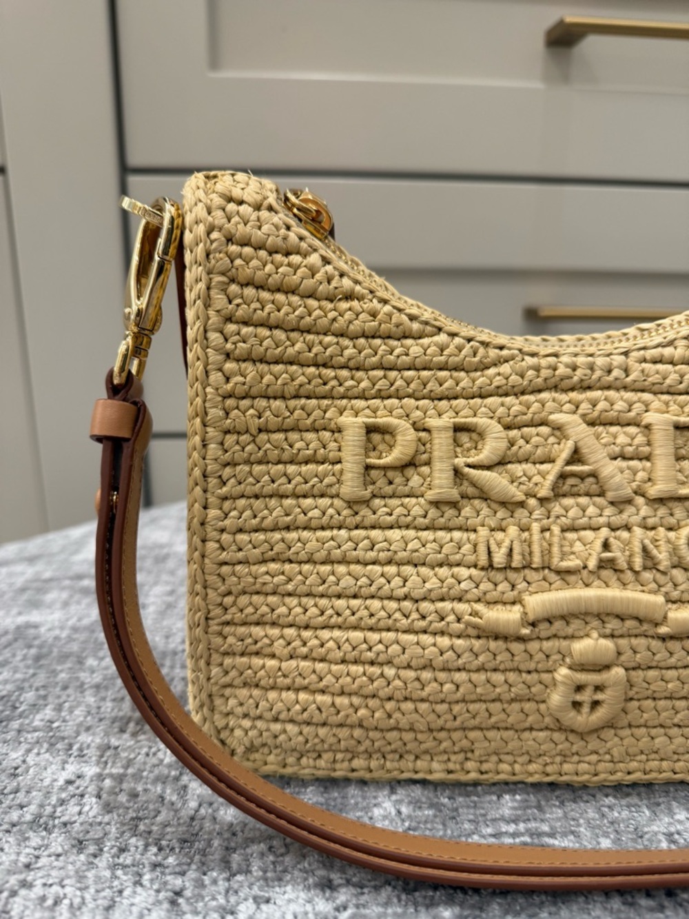 Prada Beige Woven Crochet Shoulder Bag with Brown Leather Strap - Picture 2 of 9